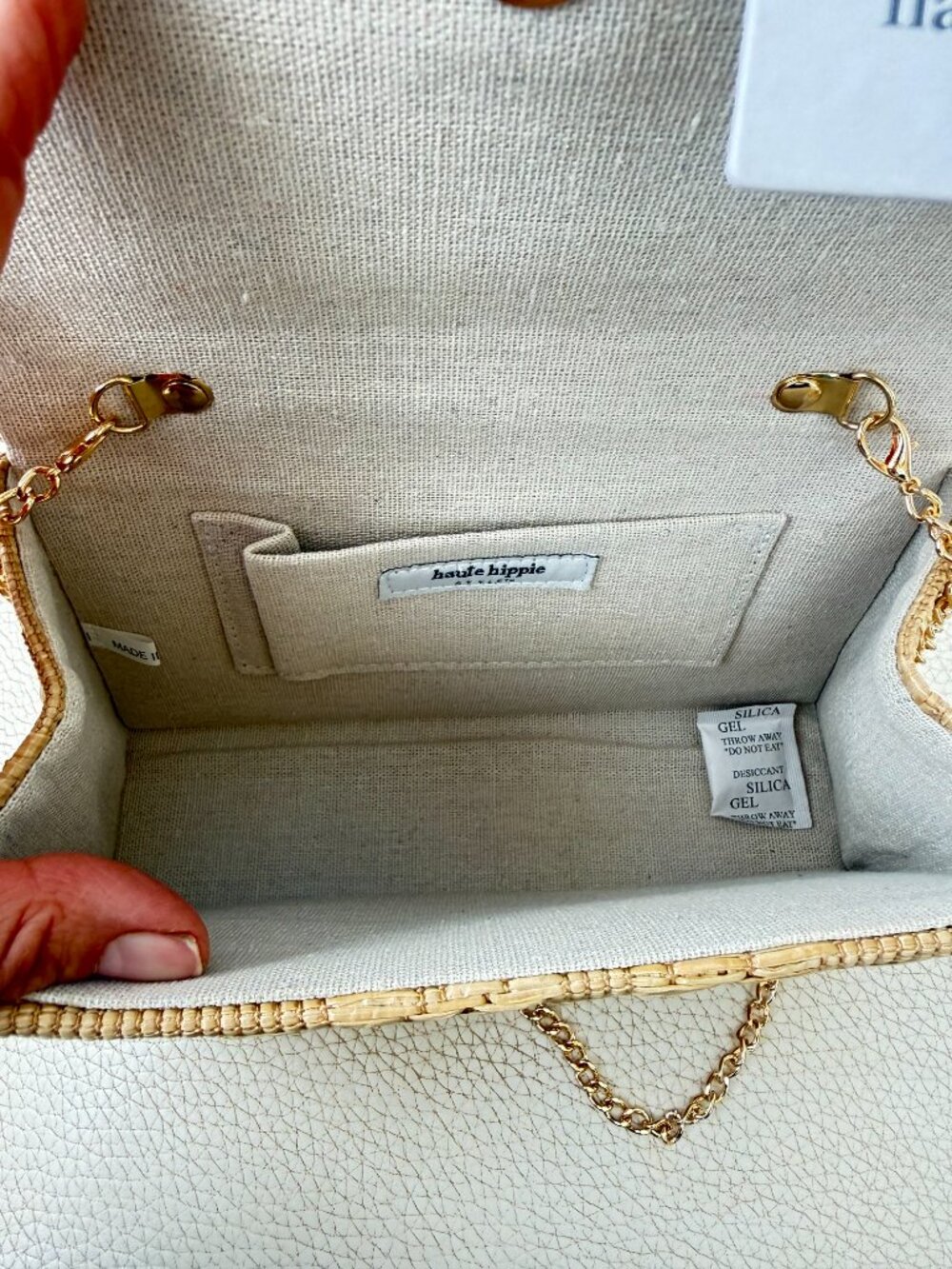 HAUTE HIPPIE WOVEN STRAW CROSSBODY BAG SATCHEL NATURAL ACRYLIC CHAIN - Picture 5 of 5